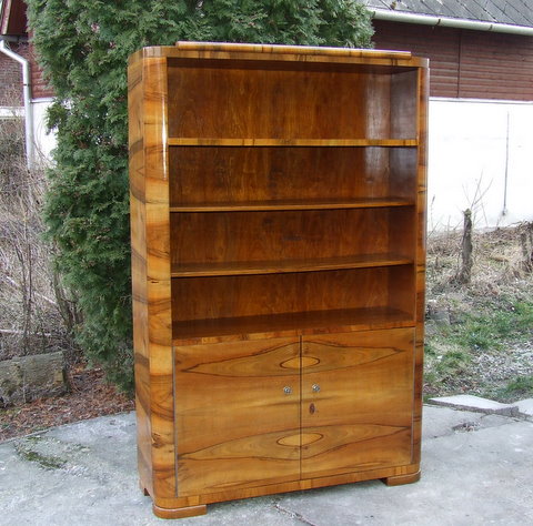 Art Deco Open Bookcase. Burl walnut veneered, genuine 1920's-1930's.