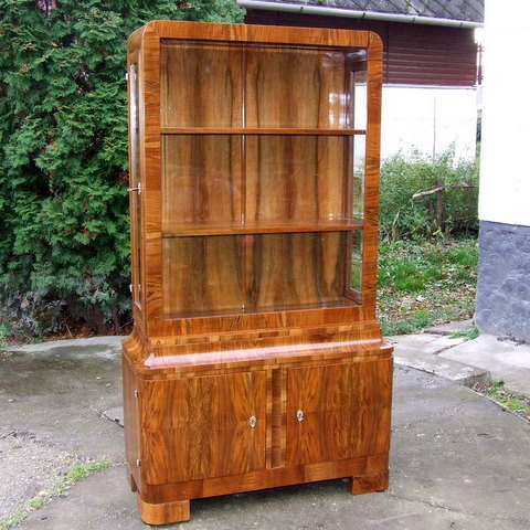 Art Deco Burl Walnut Display Cabinet.